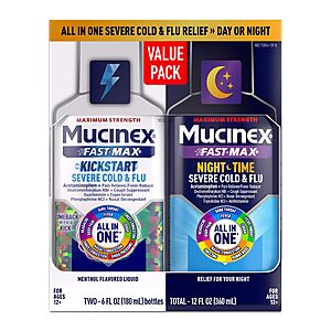 $8.54 or less S&S/40% off Q: Mucinex Fast-Max Kickstart Day/Night Severe Cold and Flu Medicine for Adults, Liquid Cold-cough Medicine