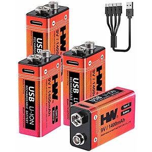 4-Pack HW 9 Volt USB Rechargeable Lithium Batteries with USB C Cable $11.87 + Free Shipping w/ Prime