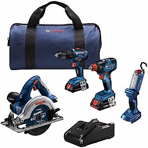 $249* | BOSCH 18V 4-Tool Kit w/ Impact + Hammer Drill / Driver, Circ Saw, Worklight, 2Ah & 4Ah Batteries at Amazon