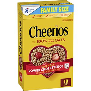 Cheerios, Heart Healthy Gluten Free Breakfast Cereal, Family Size, 18 oz $3.19 or less