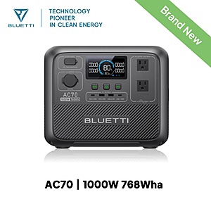 BLUETTI AC70 768Wh Portable Power Station 1000W 7-Outlets 45-Min Fast Charge $216 + Free Shipping $215.6