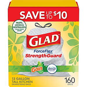 $17.98 SAMS CLUB Glad® ForceFlex Tall Kitchen Drawstring Trash Bags, Gain Original scent with Febreze Freshness, 13 Gallon, .