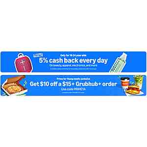Prime Young Adult Members: $10 Off $15+ for Grubhub+ Order; $10 Off $20+ for First Time Orders