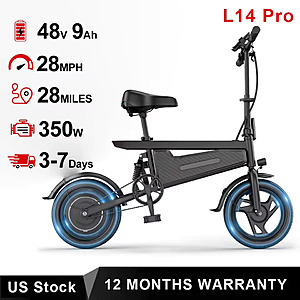 AOVOPRO L14 Pro 14'' Foldable Ebike, 350W Brushless Motor, 48V 9Ah Battery, 28MPH, 28 Mile Range; free s&h $168.67