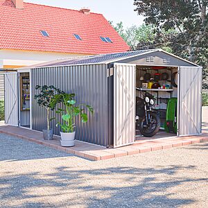 10x14 FT Outdoor Metal Storage Shed – Large Garden Tool Shed with 3 Lockable Doors & Side Entry, Weatherproof Backyard Building with 4 Air Vents