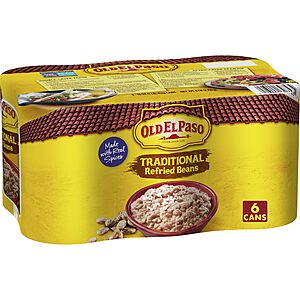 $6.22 S&S or less Old El Paso Traditional Refried Beans, 6 ct cans, 16oz per can