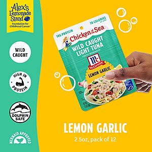 $8.37 or less S&S Chicken of the Sea Lightly Seasoned Lemon Garlic Wild Caught Light Tuna, 2.5 Ounce Packets, 12-Count –