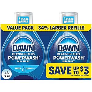 [SnS, AC] $7.44* | 2-Pk 21.5-Oz Dawn Platinum Plus Powerwash Dish Spray Refills at Amazon ($3.72 each)