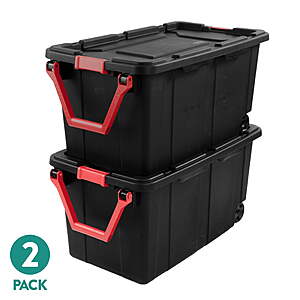 Sterilite Extra-Large Wheeled Industrial Storage Bin, 40 Gallon Storage Tote with Latching Lid and Pull Handle, Black, 2 Pack $35