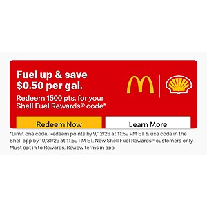 MyMcDonald's Rewards: Redeem 1500 pts for $0.50/gal Shell Fuel Rewards code