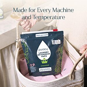$8.45 or less 32ct Puracy Laundry Detergent Pods with 2 Bio-Powered Enzymes, Free and Clear for Sensitive Skin, Non Toxic