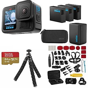 GoPro HERO13 Black Action Camera Bundle, 3 Enduro Batteries, Dual Charger, 64GB SD Card, 5.3K HDR Video, HyperSmooth Stabilization, Waterproof, 47-Piece Kit $429