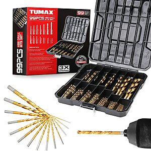 99-Piece TUMAX Titanium-Coated HSS Drill Bit Set (1/16" - 3/8") $13.79 + Free Shipping w/ Prime or on $35+