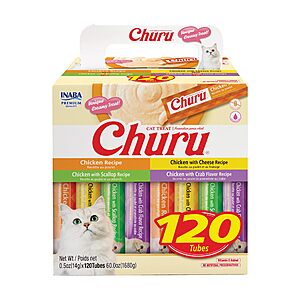 $43.15 15% S&S : 120ct INABA Churu Cat Treats, Lickable, Squeezable Creamy Purée with Vitamin E, 0.5 Ounces Chicken Variety