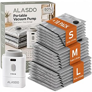 18-Count ALASDO Travel Vacuum Storage Bags w/ USB-C Rechargeable Electric Pump (Various Sizes) $17.49 + Free Shipping w/ Prime or on $35+