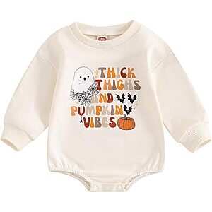 FYBITBO Newborn Halloween Outfit Girl Boy Spooky Season Romper Bubble Sweatshirt Bodysuit Fall Halloween Baby Clothes $4.99