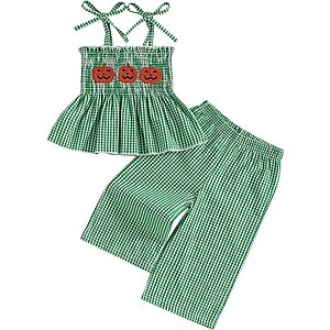 Kuriozud 4th of July Outfit Toddler Baby Girl Independence Day USA Clothes Summer Smocked Tank Top Wide Leg Pants Set $7.49