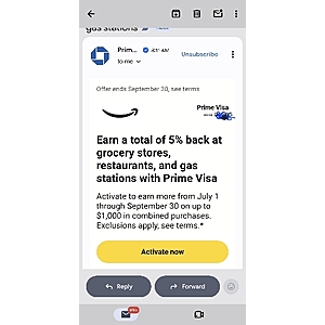 Visa prime 5% back at grocery, restaurant and gas stations