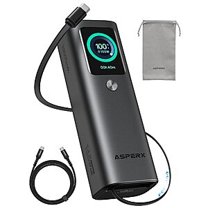 AsperX Laptop Power Bank, 165W 20,000mAh Retractable Cable Aluminum Unibody $40 AC + Free Shipping