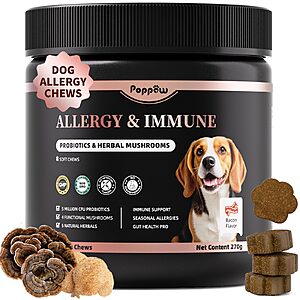 Dog Allergy Chews - Paw Licking, Seasonal Allergy & Itch Relief - Probiotics for Dogs Immune with Turkey Tail Mushroom, Pumpkin - Bacon Flavor - 90 Count $7.82 + FS