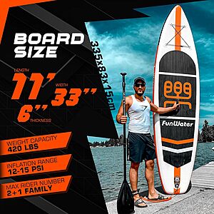 11’ x 33” FunWater Inflatable Stand Up Paddle Board w/ Paddle, Pump, Backpack & Accessories $84.99 & More + Free Shipping