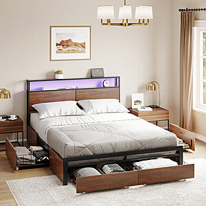Antioch Bed Frame with 4 Drawers, Modern bed with LED Light and Charging Station, Storage Headboard, No Spring Box Needed $233.99