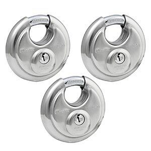 $32.76: 3-Pk Master Lock 40TRI Shrouded Stainless Steel Disk Padlock, 2-3/4" Wide Body