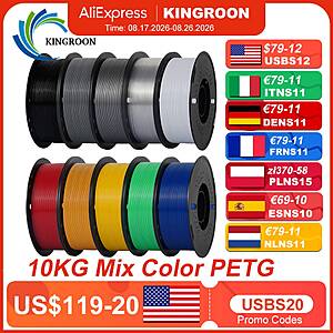 KINGROON 10KG Mix Color PETG 3D Printer Filament 1.75mm Tangle-Free Vacuum Packed $60 + Free S/H $60.1