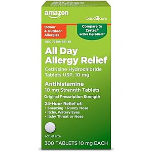 [SnS, AC] $6.06** | 300-Count Amazon Basic Care 10mg All Day Allergy Antihistamine Tablets at Amazon