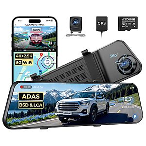 12" AZDOME PG17 Max 4K+2.5K Mirror Dash Cam Front and Rear, ADAS BSD LCA, GPS, 64GB $69.99