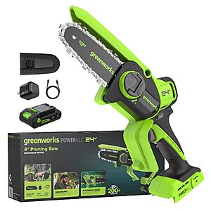 Greenworks 24V 4 in Mini Chainsaw, 2.0 Ah Battery and Charger $79.99