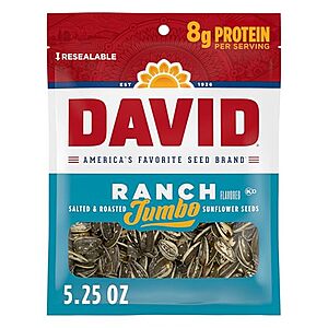 [NEW, SnS, AC] $16.99 | 12-Pack 5.25-Oz DAVID Seeds Roasted and Salted Jumbo Sunflower Seeds (Ranch) at Amazon ($1.42 each)
