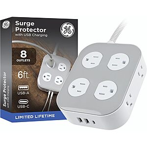 GE 8-Outlet Surge Protector Power Strip w/ 2 USB-A & 1 USB-C Ports, 1500J, 6' Braided Extension Cord $11.86 + Free Shipping w/ Prime or on $35+
