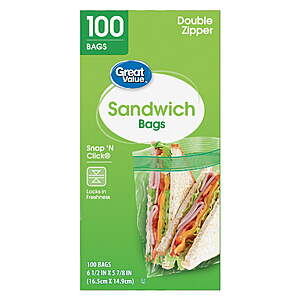 Great Value Double Zipper Sandwich Bags - 100 Count, Fresh Seal for Snacks and Sandwiches $1.98