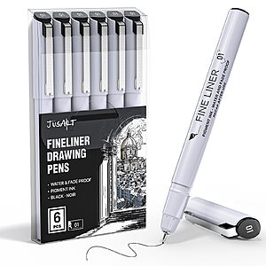 JusArt Fineliner Pens, 6 Pcs, 0.25mm Ultra Fine Point Pens 01 No Bleed $5.99 - Amazon