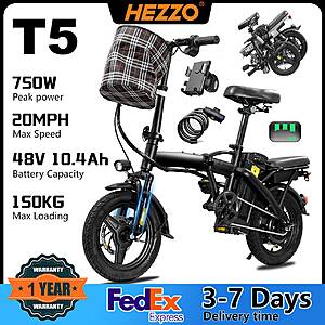 HEZZO T5 Foldable Black Electric Bike 350W 48V 10.4Ah 20mph 14-in Fat Tire $138 + Free S/H