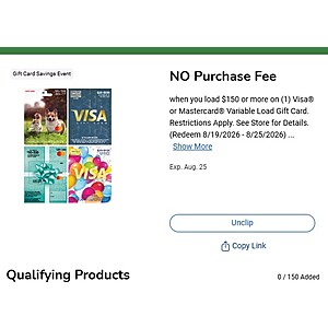 Kroger Family Stores: DQ No purchase Fee wyb $150+ Visa® or Mastercard® Variable Load Gift Card