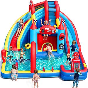 $389.99: ELEMARA Speed Racer Kids Inflatable Water Slide Bounce House 15-in-1 Double Slide Water Park 750W Blower at Amazon