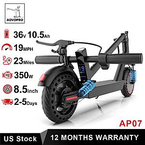 AOVOPRO AP07 350W 36V10.5Ah Electric Scooter 19mph 23mile Range 8.5in Tires Font & Rear Shock Absorption $142 + Free S/H
