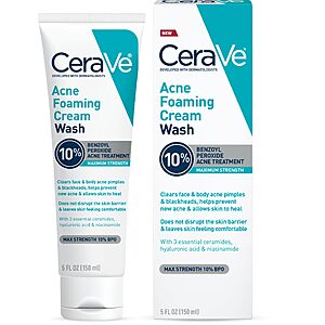 $9.49: [S&S]5oz CeraVe Acne Foaming Cream Wash, 10% Benzoyl Peroxide Facial Cleanser at Amazon