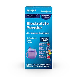 $4.41 S&S or less Amazon Basic Care Electrolyte Powder Variety Pack, Apple, Fruit Punch, Grape, Strawberry, 8 Count