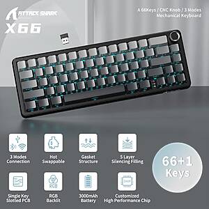 Attack Shark X66 65% Wireless Mechanical Keyboard Hot Swap RGB $33 + Free Shipping $32.9