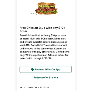 Habit Burger: Free Chicken Club with any $10 order