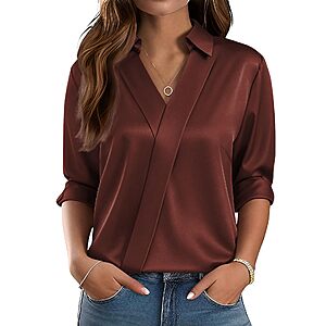 LOMON Satin Blouses for Women Fall Clothes Dressy V Neck Long Sleeve Shirts $13.49