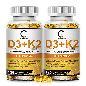 Vitamin D3 K2 Supplement 5000 IU + K2 MK7 200mcg with Coconut Oil (2 Pack) $13.47
