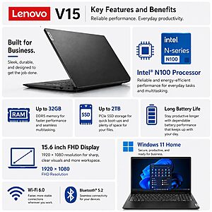 Lenovo 15.6" Business Laptop, 2026 Edition, 8GB DDR5 256GB SSD, Win 11 $459.98