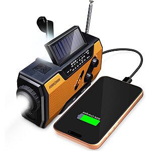 FosPower NOAA Emergency Weather Radio A1 7400mWh Solar Hand Crank (Orange) $26.46