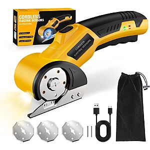 Zeleki 4V Cordless Electric Scissors w/ 3 Blades, Safety Lock & LED Light (Yellow) $14.99 + Free Shipping w/ Prime or on $35+