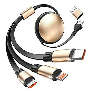 3-in-2 Retractable Multi Charging Cable w/ USB-C, Micro-USB & Lightning Connectors (Black/Gold) $6.98 + Free Shipping w/ Prime or on $35+