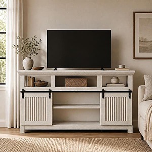60.6" Farmhouse TV Stand Entertainment Center w/ Sliding Barn Door Cabinet (Wash White Gray) $199.50 + Free Shipping
